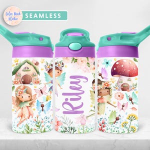 Fairy Kids 12 oz Flip Top Tumbler Wrap Kids Bottiglia d'acqua Design a sublimazione PNG Senza cuciture Aggiungi il tuo nome Download digitale istantaneo