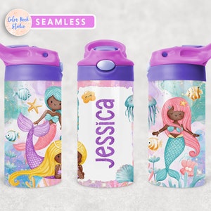 Mermaid Kids 12 oz Flip Top Tumbler Wrap Cute PNG Personalized Design Water Bottle Sublimation Add Your Own Name Instant Digital Download