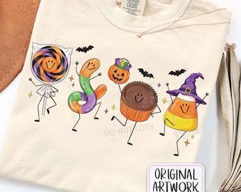 Happy Halloween Candy Doodle PNG, Cute Smiling Characters, Spooky Season Treats Sublimation Design, Funny Shirt PNG File