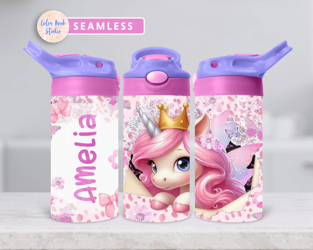 Unicorn Kids 12 Oz Flip Top Tumbler Wrap Cute Pink Kids Water Bottle ...