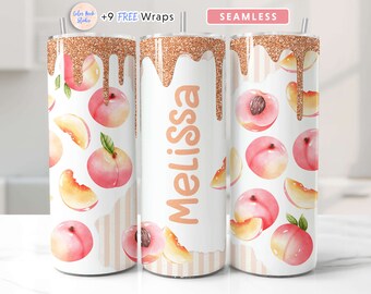 Peach Tumbler Wrap PNG Agregue su nombre/texto Sublimación sin costuras 20 oz Diseño de vaso Descarga digital instantánea