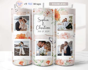 Wedding Photo Tumbler Wrap PNG Add Your Own 5 Pictures & Text Seamless Sublimation 20 oz Tumbler Design Instant Digital Download