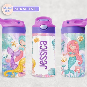 Mermaid Kids 12 oz Flip Top Tumbler Wrap Cute PNG Personalized Design Water Bottle Sublimation Add Your Own Name Instant Digital Download