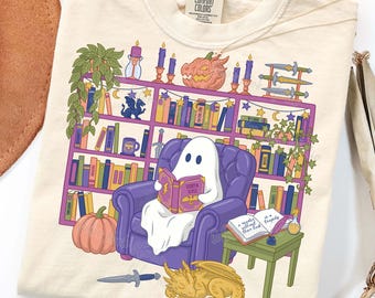 Ghost Reading & Sleeping Dragon, Romantasy PNG File, Ghostly Bookish, Fantasy Library PNG, Book Lover, Halloween Sublimation Design