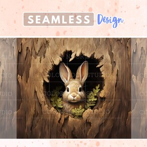 May include: A brown rabbit with long ears peeks out of a hole in a tree trunk. The rabbit has a white patch on its chest and is surrounded by green leaves.
