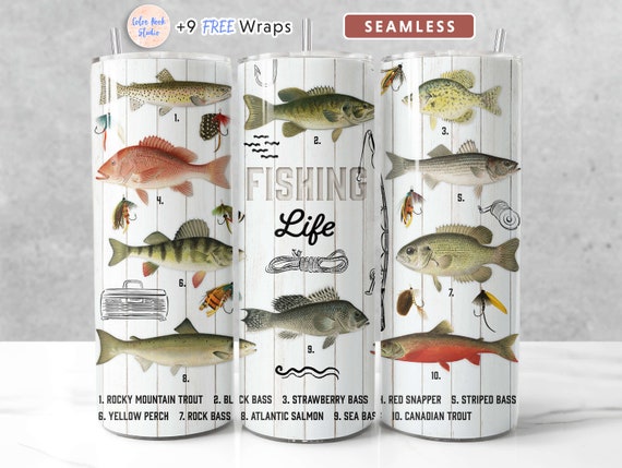 Fishing Life 20 oz Tumbler Wrap PNG Bass Trout Salmon Wood Seamless Sublimation Tumbler Design Instant Digital Download