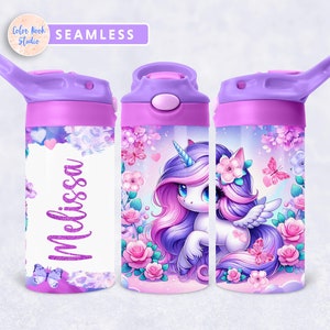 Jednorożec Dzieci 12 oz Flip Top Tumbler Wrap Glitter Dzieci Butelka na wodę Sublimacja Projekt PNG Bezszwowe Dodaj swoje imię Pobieranie cyfrowe
