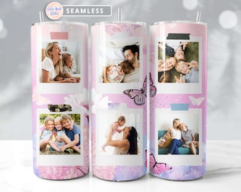 Photo 20 oz Tumbler Wrap PNG Add Your Own 6 Pictures Butterfly Glitter Seamless Sublimation Design Instant Digital Download