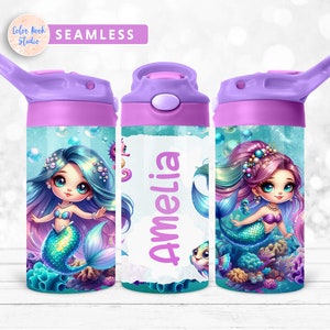 Sirena per bambini 12 oz Flip Top Tumbler Wrap Under the Sea Kids Bottiglia d'acqua Sublimazione Design PNG Senza soluzione di continuità Aggiungi il tuo nome Download digitale