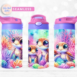 May include: Three purple and pink water bottles with a colorful design of sea turtles and coral reefs. The design is seamless and wraps around the entire bottle.