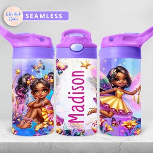 May include: Purple water bottle with a colourful design featuring a fairy with wings, flowers, and the name "Madison".