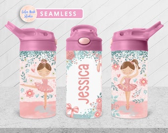 Ballerina Kids 12 oz Flip Top Tumbler Wrap Cute PNG Personalized Design Water Bottle Sublimation Add Your Own Name Instant Digital Download