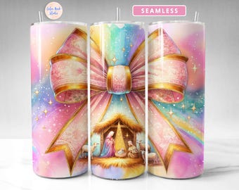 Jesus Tumbler Wrap PNG Nativity Scene Coquette Rainbow Birth of Jesus Seamless Sublimation 20 oz Skinny Tumbler Design Digital Download