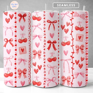 Cherry Coquette Tumbler Wrap PNG Watercolor Paper Texture Seamless Sublimation 20 oz Skinny Tumbler Design Digital Download