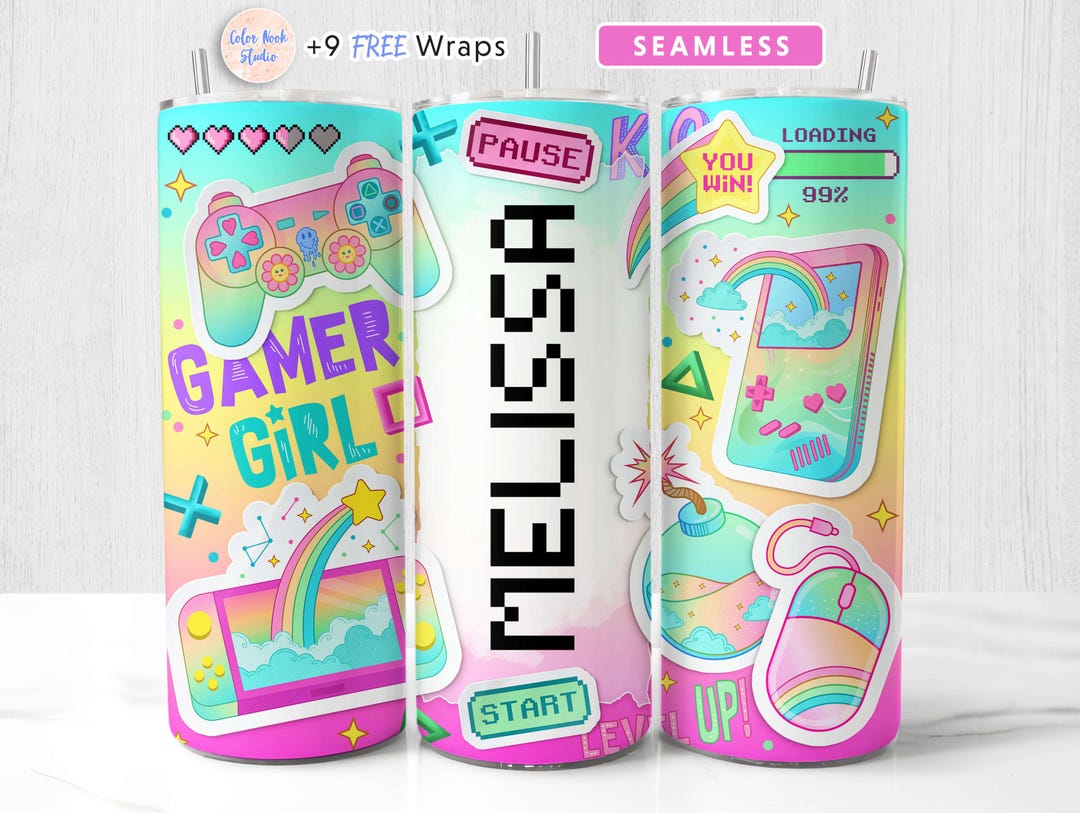 Gamer Girl Tumbler Wrap Rainbow Sticker PNG Add Your Own Name 20 Oz ...