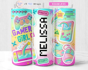 Envoltura para vaso Gamer Girl, pegatina arcoíris PNG, agregue su propio nombre, diseño de vaso delgado de 20 oz, sublimación sin costuras, descarga digital instantánea