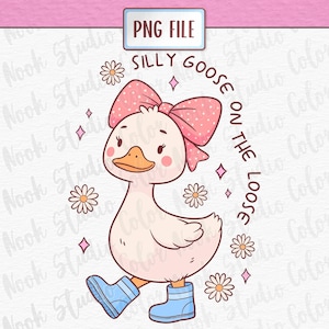 May include: A cartoon illustration of a pink goose wearing a pink bow and blue boots. The goose is walking and the text "Silly Goose on the Loose" is written in a circle around it.