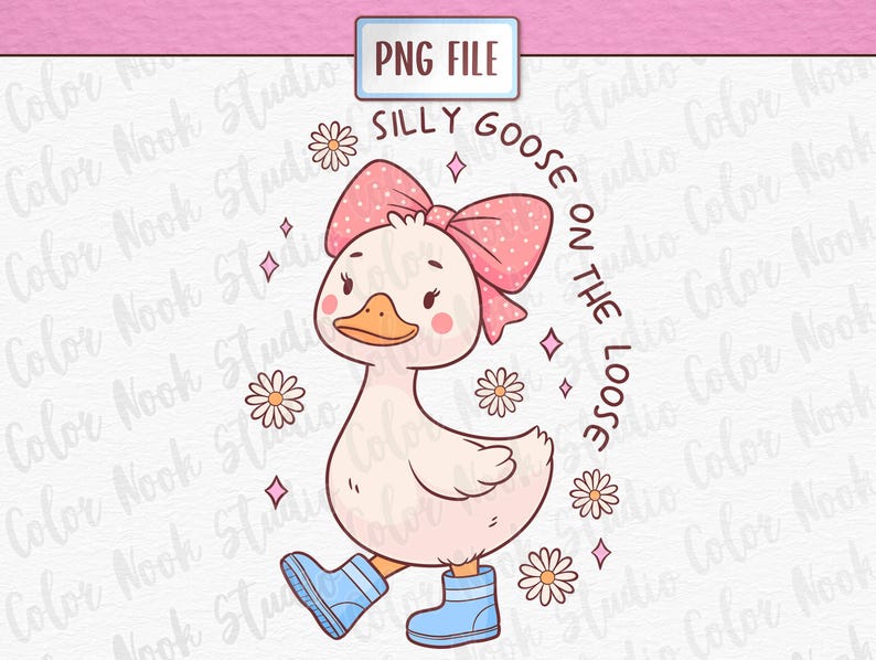 May include: A cartoon illustration of a pink goose wearing a pink bow and blue boots. The goose is walking and the text "Silly Goose on the Loose" is written in a circle around it.