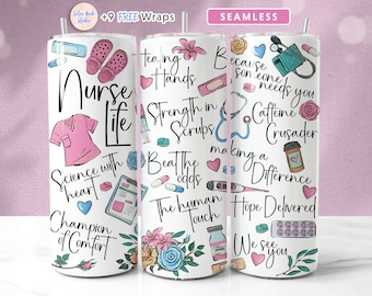 Enfermera Tumbler Wrap Diseño Enfermera Vida Sublimación Sin costuras 20 oz Flaco Vaso PNG Descarga digital instantánea