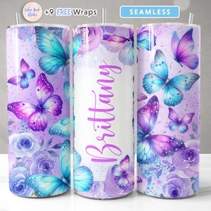 Butterfly Tumbler Wrap PNG Aggiungi il tuo nome Blu e viola Glitter 20 oz Skinny Tumbler Design Senza soluzione di continuità Sublimazione Download digitale istantaneo