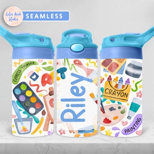 Crafting Kids 12 oz Flip Top Tumbler Wrap PNG Art Design personalizzato per bottiglia d'acqua Sublimazione Aggiungi il tuo nome Download digitale istantaneo