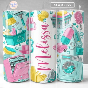 May include: A white tumbler with a colorful design featuring cleaning supplies, a dishwasher, a washing machine, and the word "Melissa". The tumbler is perfect for adding a personalized touch to your home decor.