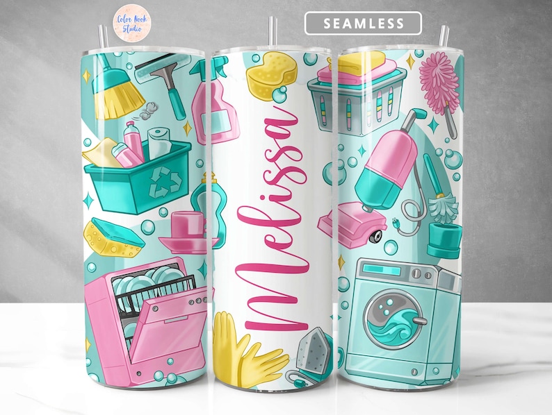 May include: A white tumbler with a colorful design featuring cleaning supplies, a dishwasher, a washing machine, and the word "Melissa". The tumbler is perfect for adding a personalized touch to your home decor.