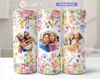May include: Three stainless steel tumblers with a floral pattern and a watercolor effect. Each tumbler features a photo of two friends smiling and hugging. The tumblers are seamless and have a white background.