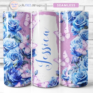 Avvolgi tumbler rosa blu PNG Aggiungi il tuo nome Farfalla rosa Tumbler da 20 oz Design Sublimazione senza soluzione di continuità Download digitale istantaneo