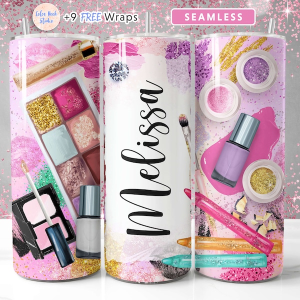 Makeup Tumbler Wrap Design Add Your Own Name/Text Seamless Sublimation 20 oz Tumbler PNG Instant Digital Download