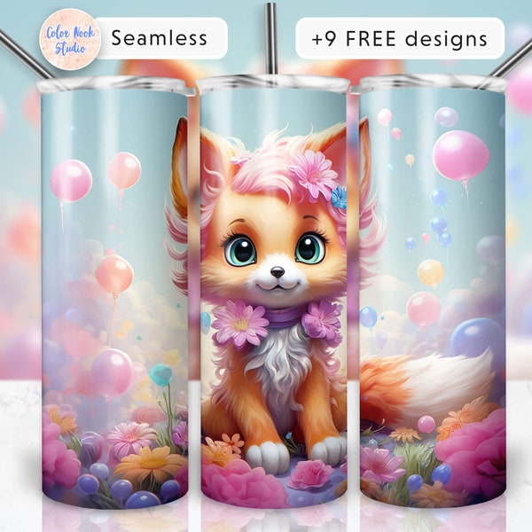 Kids Fox Tumbler Wrap 20 oz Cute Pastel Sublimation Design PNG Seamless Instant Digital Download