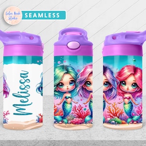 Mermaid Kids 12 oz Flip Top Tumbler Wrap Cute PNG Personalized Design Water Bottle Sublimation Add Your Own Name Instant Digital Download