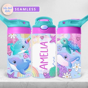 Under the Sea Kids 12 oz Flip Top Tumbler Wrap Glitter PNG Design personalizzato Bottiglia d'acqua Sublimazione Aggiungi il tuo nome Download digitale