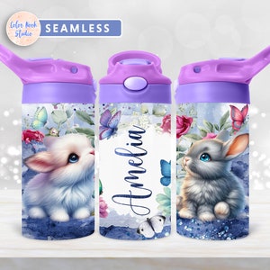 Bunny Kids 12 oz Flip Top Tumbler Wrap Butterfly PNG Design personalizzato Bottiglia d'acqua Sublimazione Aggiungi il tuo nome Download digitale istantaneo