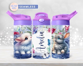 Bunny Kids 12 oz Flip Top Tumbler Wrap Butterfly PNG Diseño personalizado Sublimación de botella de agua Agregue su propio nombre Descarga digital instantánea