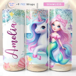 Avvolgere il bicchiere con sirena e unicorno PNG Aggiungi il tuo nome Design personalizzato del bicchiere da 20 once Sublimazione senza soluzione di continuità Download digitale istantaneo