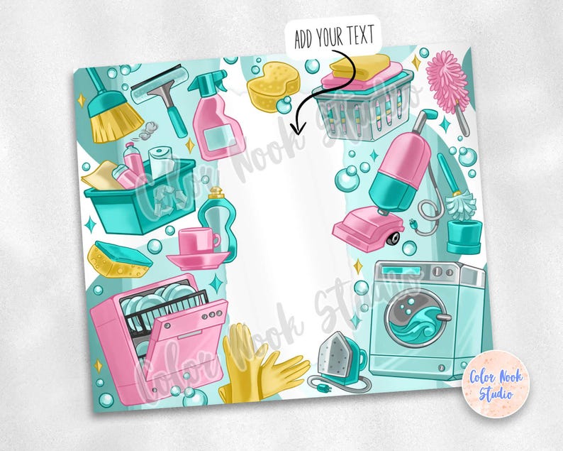 May include: A digital printable planner page with a blue and green background featuring various cleaning supplies, a vacuum cleaner, a sponge, a dishwasher, a washing machine, and an iron. The text "ADD YOUR TEXT" is at the top of the page.