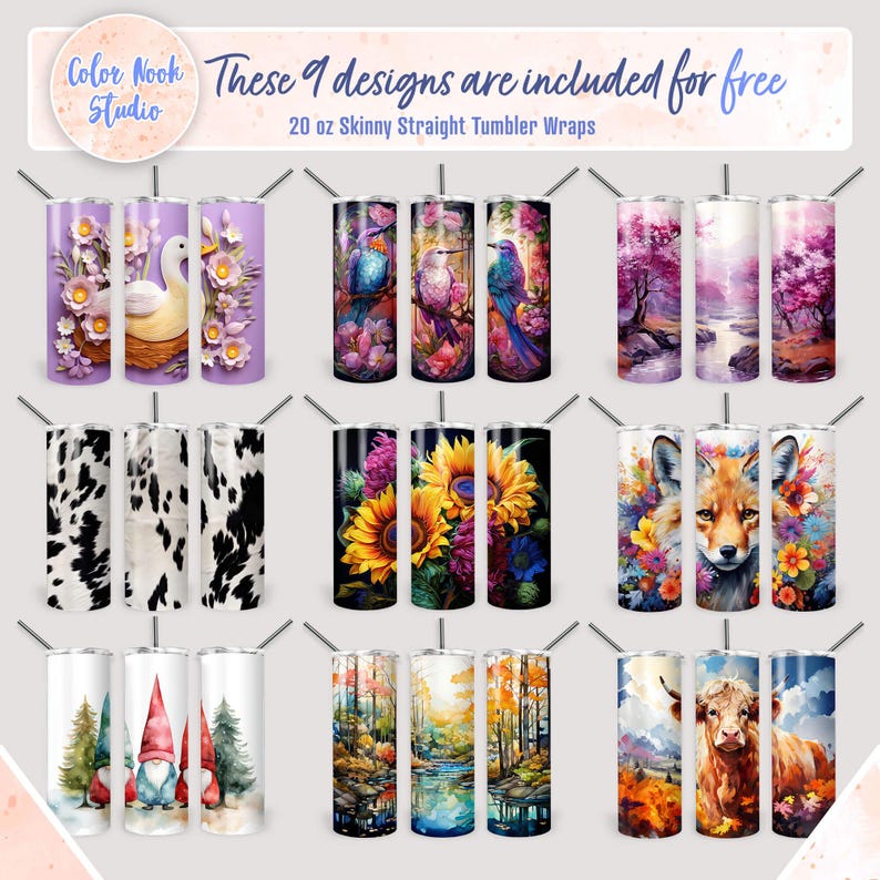 May include: Nine different designs for 20 ounce skinny straight tumbler wraps. The designs include a swan in a nest, a cow, a fox, a gnome, sunflowers, birds, and autumn scenes.