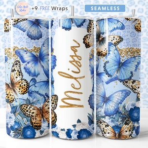 Aggiungi il tuo nome PNG Stampa leopardata blu Glitter oro Sublimazione senza cuciture Design per tumbler da 20 oz Download digitale istantaneo