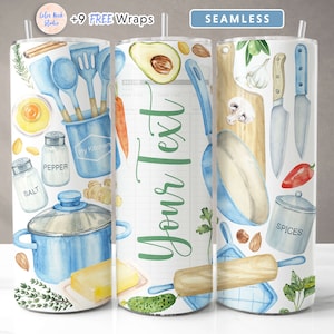 May include: A white tumbler with a watercolor design of kitchen utensils, spices, and vegetables. The tumbler has a green and white stripe with the text "Your Text" on it. The tumbler is seamless.