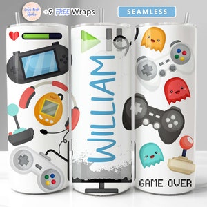 Videogioco Tumbler Wrap Design Aggiungi il tuo nome/testo Sublimazione senza soluzione di continuità 20 oz Skinny Tumbler PNG Download digitale istantaneo