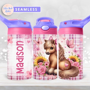 May include: Three pink and purple water bottles with a personalised name, "Madison", on one bottle. The bottles feature a cartoon pony with a pink bow and flowers.