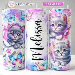 Cat Tumbler Wrap Design Farfalla Acquerello Aggiungi il tuo nome/testo Sublimazione senza soluzione di continuità 20 oz Skinny Tumbler PNG Download digitale istantaneo