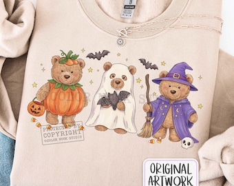 Halloween Teddy Bear PNG, Cute Trick or Treat Characters Sublimation Design, Retro Fall Spooky Season PNG File