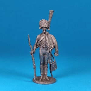Tin miniature, figurine of Private of the Horse Chasseurs of the Imperial Guard, France, 1804-1815. Metal Figure a Horse huntsman. Scale1:32