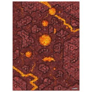 May include: A red and orange lava field with a textured surface and multiple glowing orange lava pools. The lava field is a game mat for tabletop role-playing games.