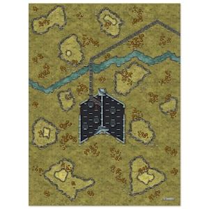 May include: A top-down view of a map featuring a large, grey, rectangular building in the centre. The building has a flat roof and a series of windows. The building is surrounded by a green field with brown, circular patches of grass. A blue river runs through the field.