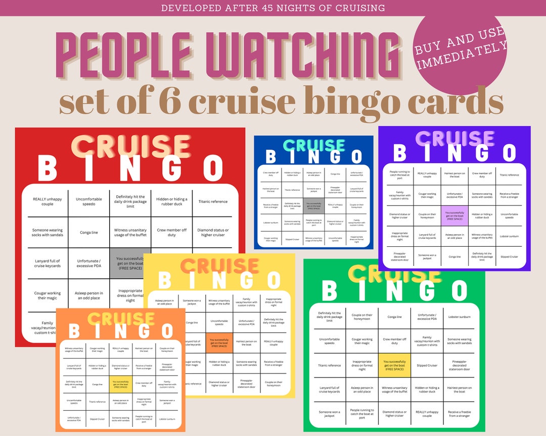 People Watching Bingo Cards for Cruises Set of 6 Printable Mild Adult ...