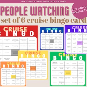 Tarjetas de bingo para observar personas en cruceros. Juego de 6 temas para adultos suaves e imprimibles para parejas, grupos, amigos y despedidas de soltero y soltera.