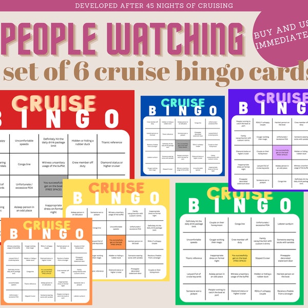 People Watching Bingo Cards for Cruises Set of 6 printable mild adult themes for couples, groups, friends, and bachelorette and bachelor